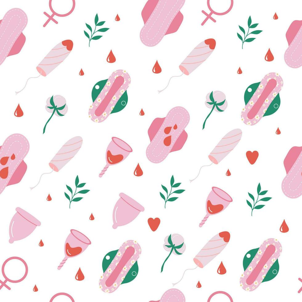 Seamless pattern menstruation period woman pad, tampon, menstrual cup vector