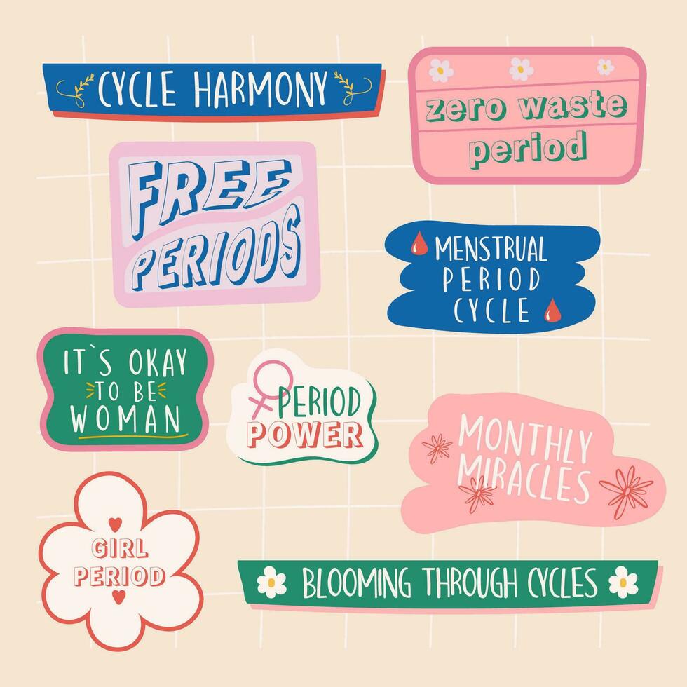 Set of stickers, badge label design with lettering menstruation period woman vector