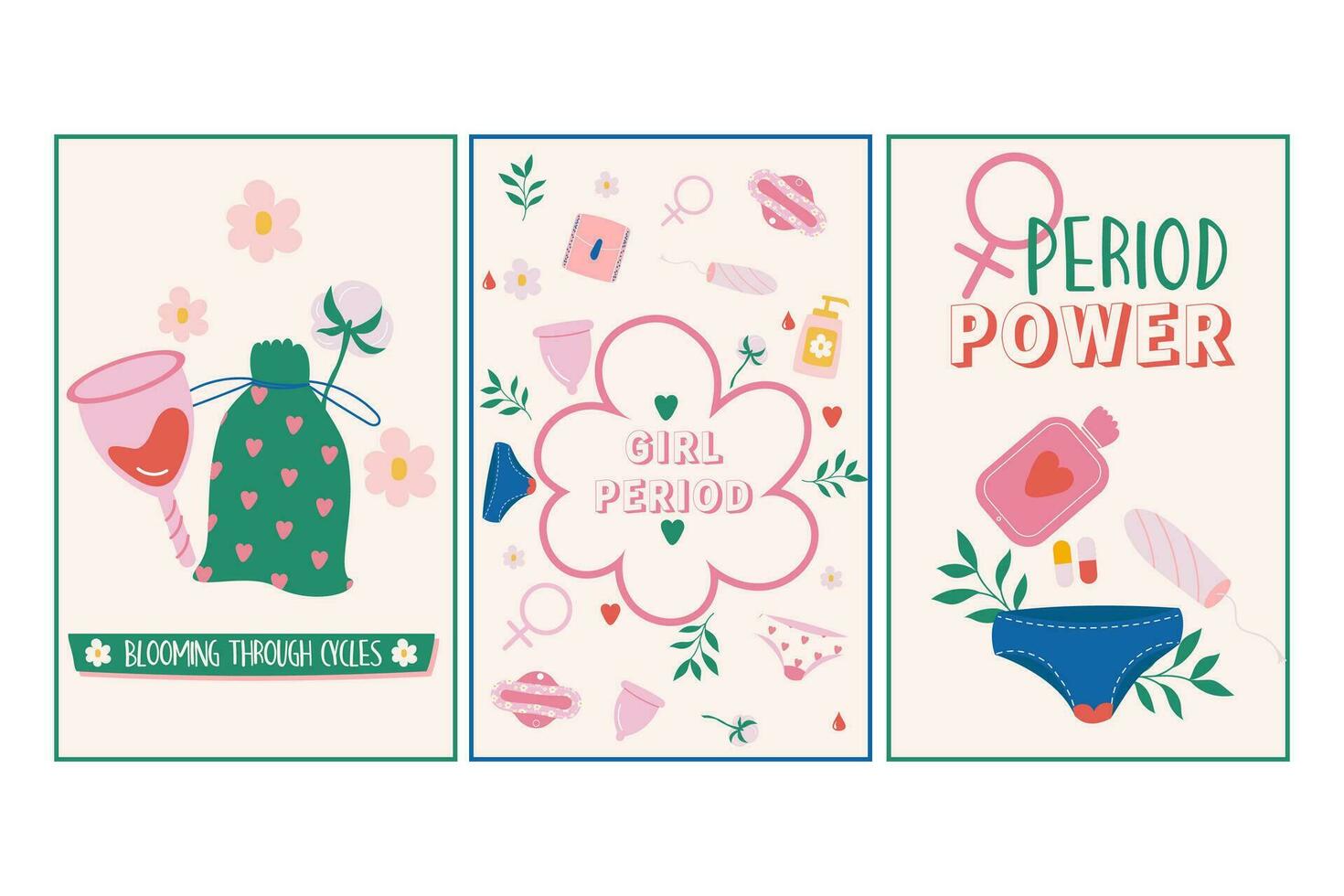Flat Menstruation period woman posters, cards with inscriptions vector