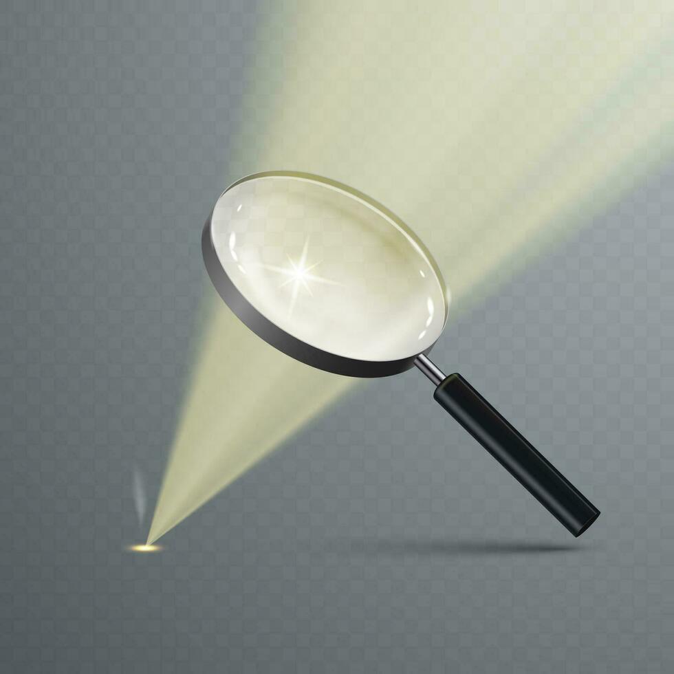 A realistic magnifying glass burns the surface with the rays of the sun. vector