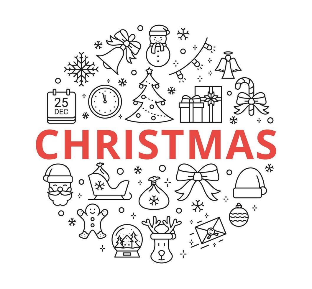Christmas line icons. Collection of winter symbols in circular composition. Vector illustration.