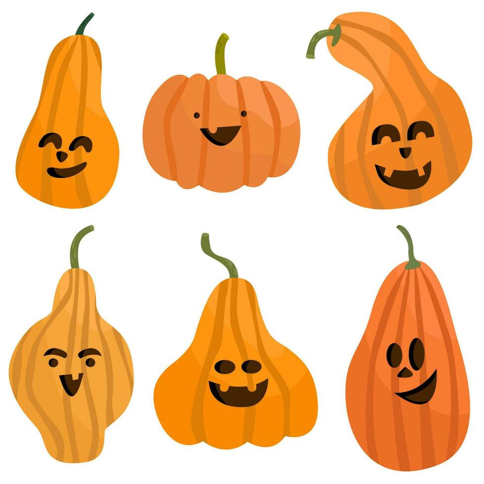 conjunto de de miedo calabaza para Víspera de Todos los Santos .calabaza para caída del otoño vacaciones. Días festivos dibujos animados personaje en plano estilo recopilación. vector