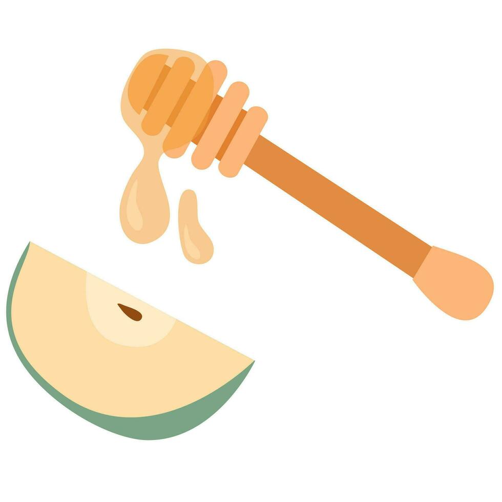 Half cut apple with honey. Symbol of Rosh Hashanah. vector