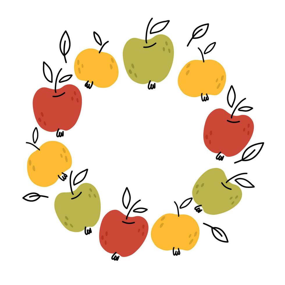 Hand draw apple wreath.Frame with apples and leaves.Seasonal autumn illustration for the design for poster, cards. vector