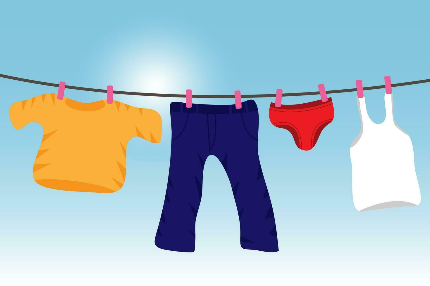 Man clothes hanging on a rope. Flat vector illustration with blue sky background. Linen on the rope, cartoon flat illustration