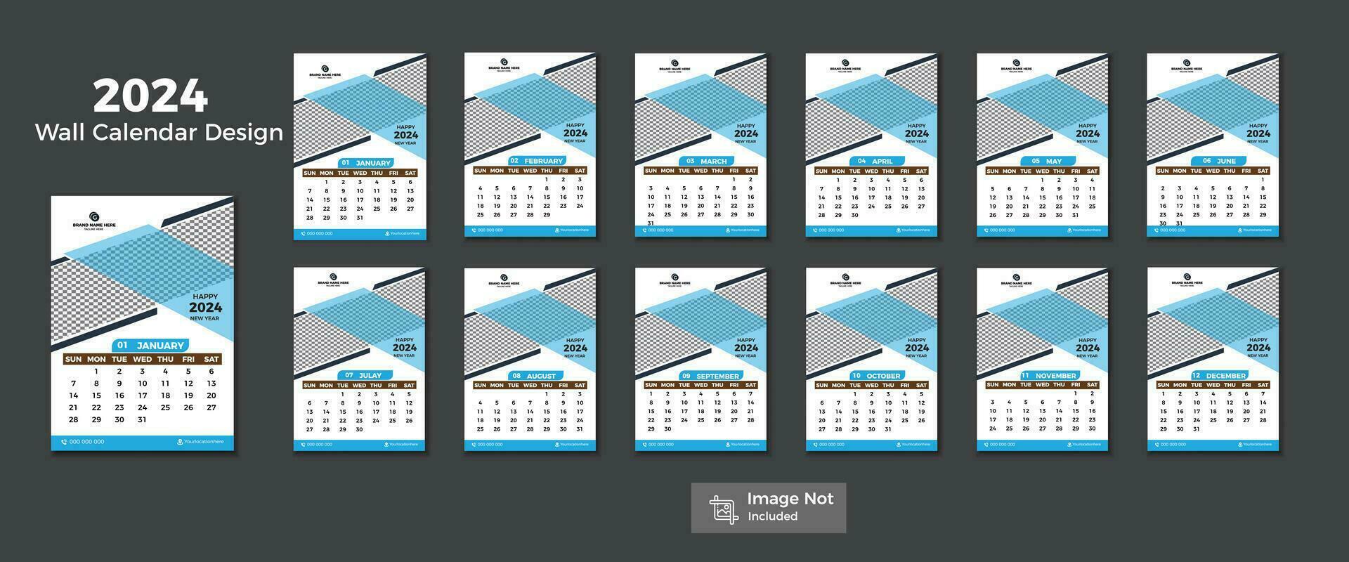 New Trendy Wall Calendar Design template For 2024 in Vector Size.