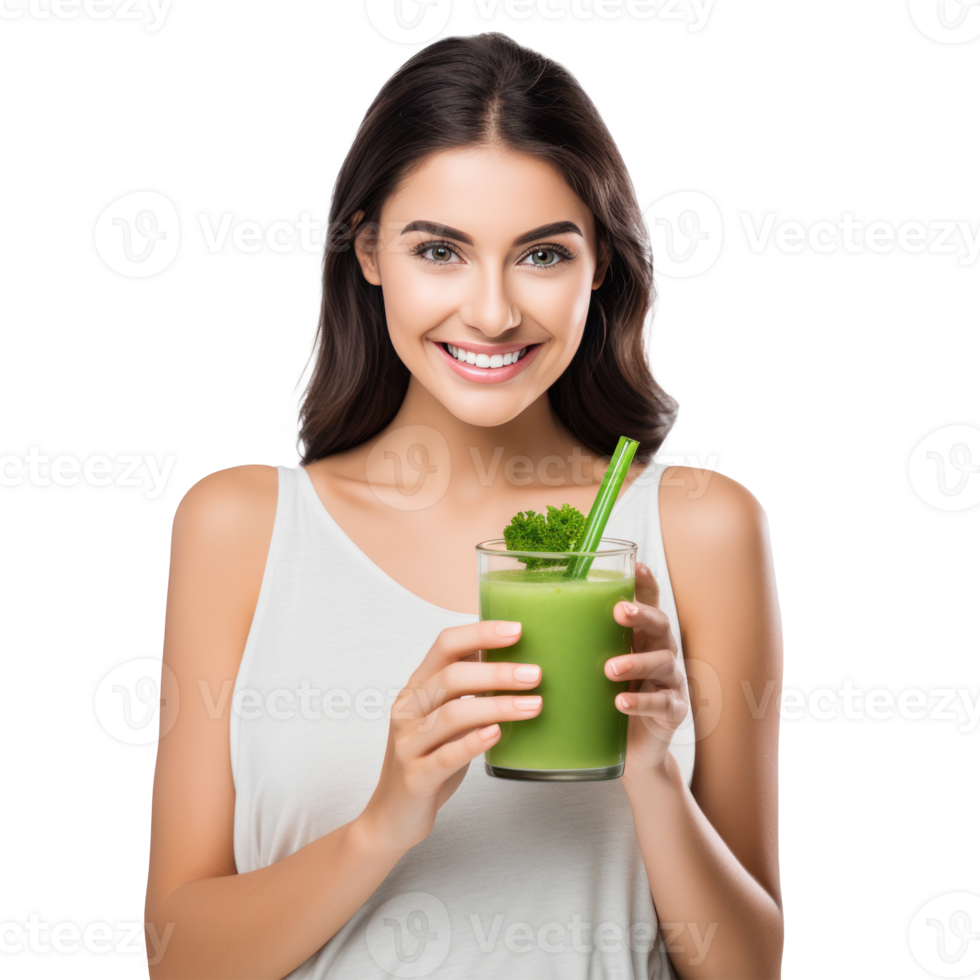 Woman with glass of smoothie in her hand png