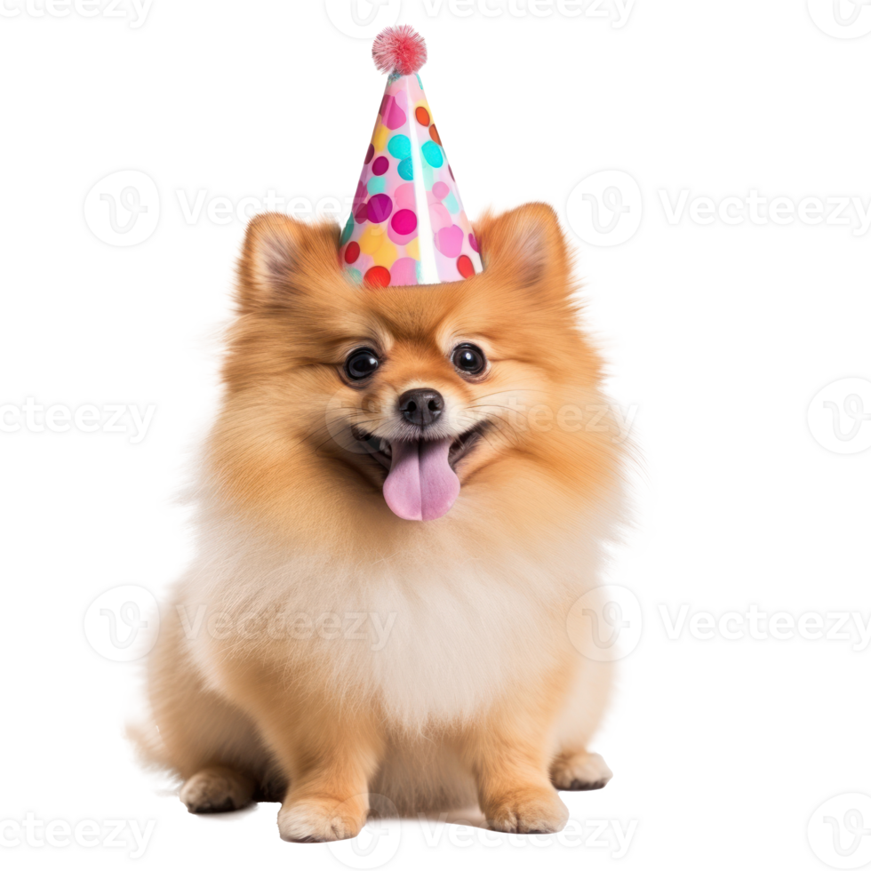 Fluffy dog with birthday cap isolated png