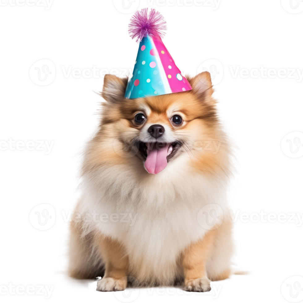 Fluffy dog with birthday cap isolated png