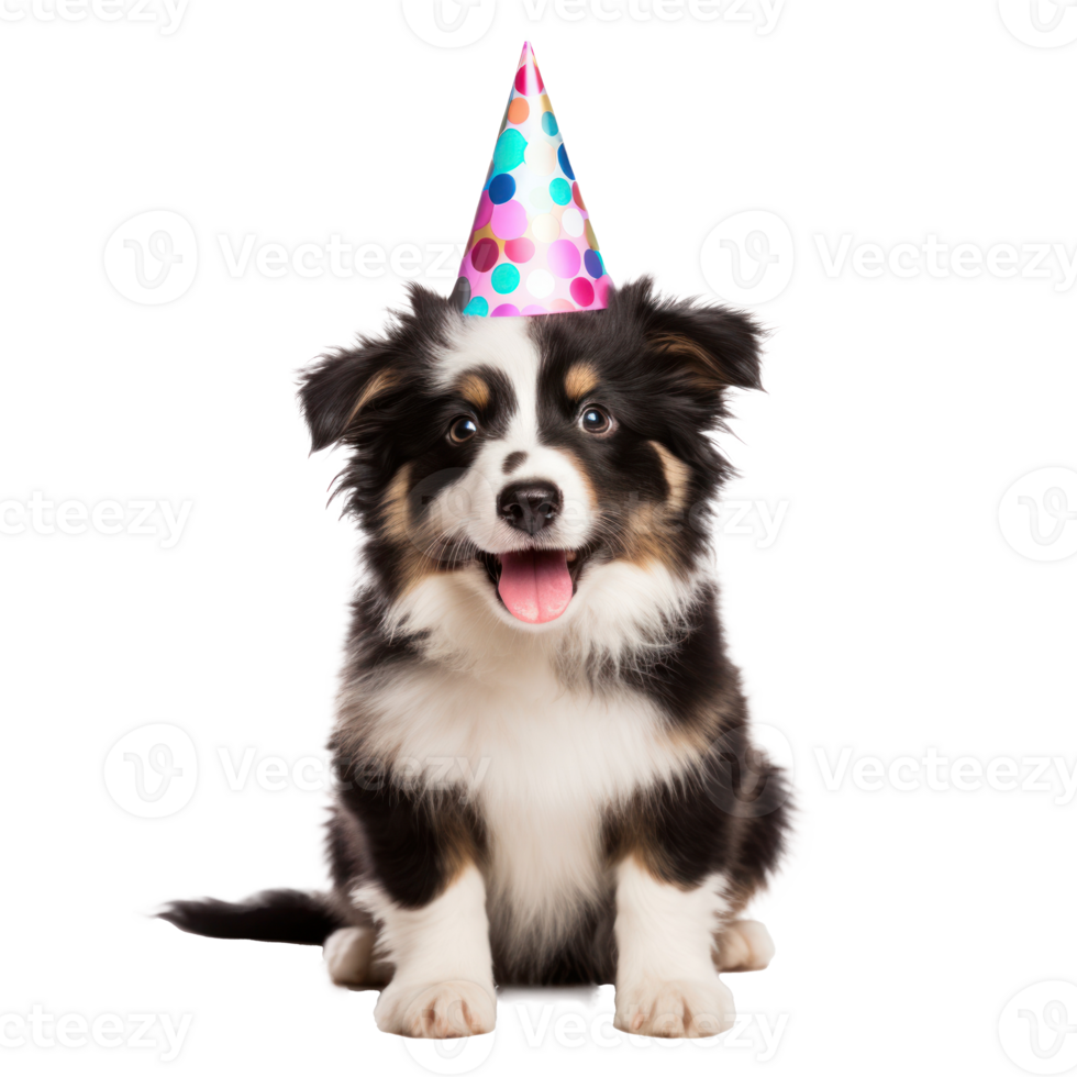 Fluffy dog with birthday cap isolated png