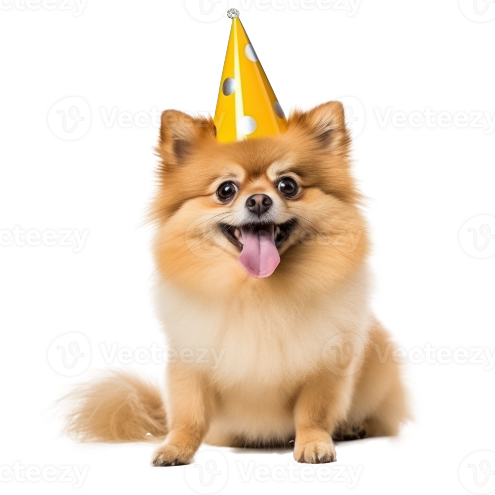 Fluffy dog with birthday cap isolated png