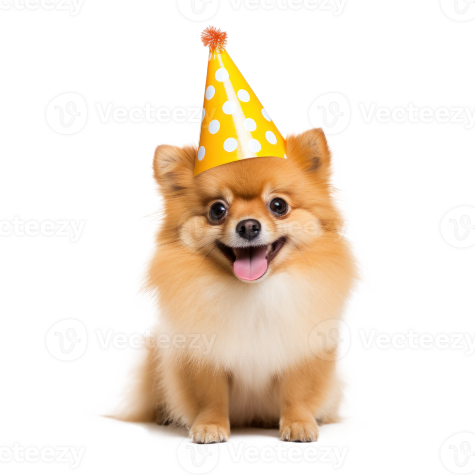 Fluffy dog with birthday cap isolated png