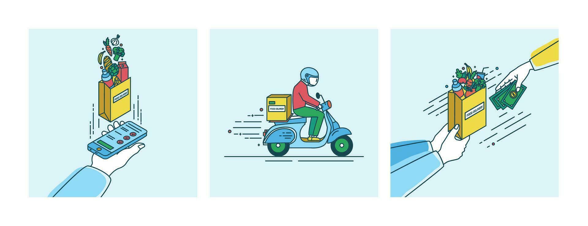 Food delivery concept. Lineart Illustration set in flat style. vector