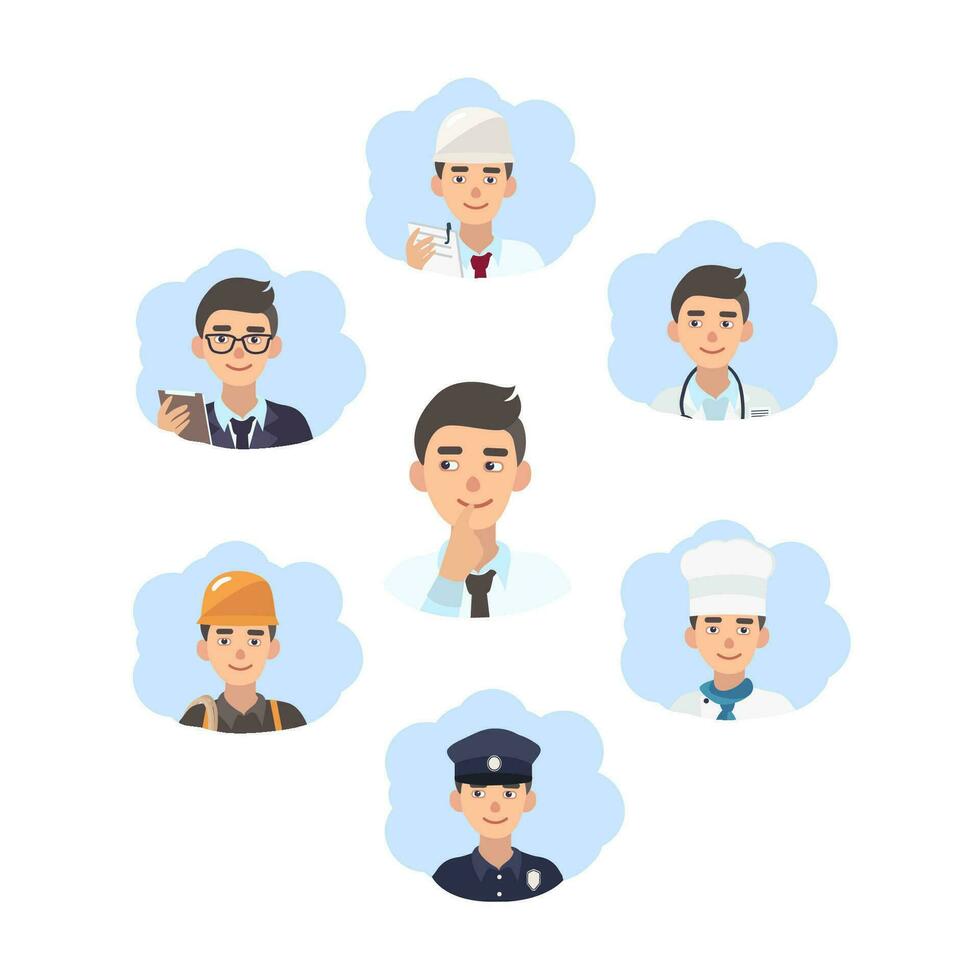 Career choice concept. Young guy choose a profession. Illustration in flat style. vector