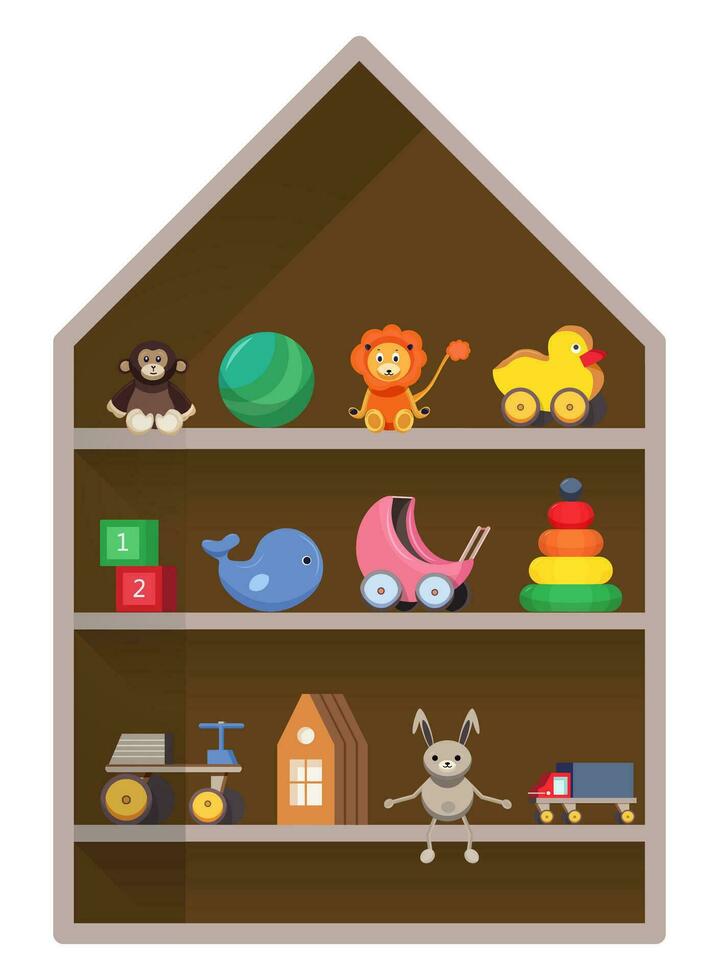 Kids shop, shelf with toys. Colorful childish illustration. vector