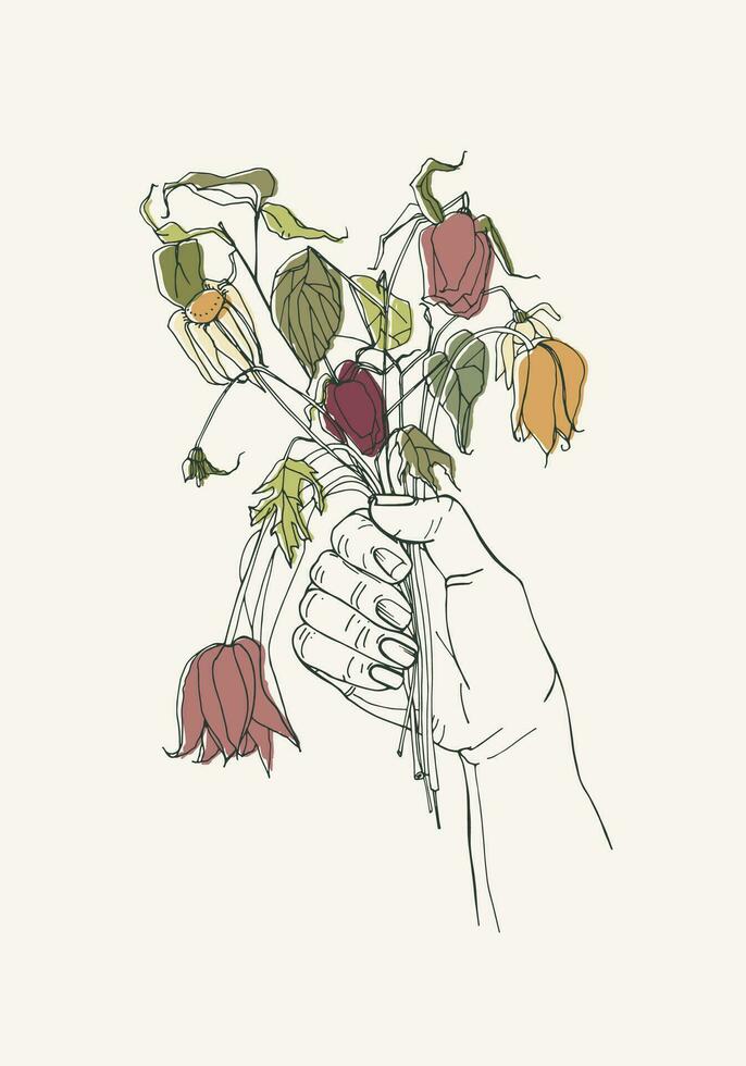 withered flowers in her hand, gone feeling concept. Hand drawn illustrations vector