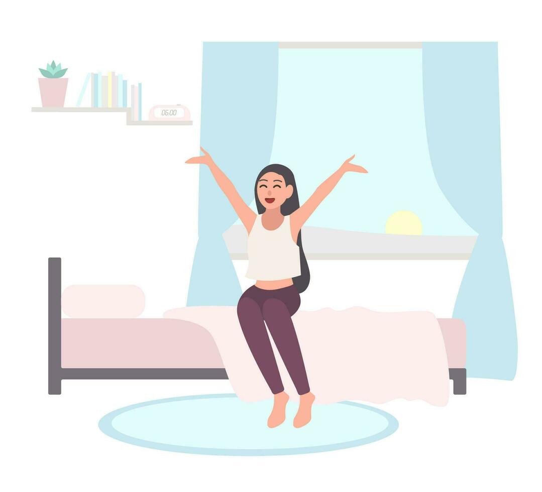 Wake up early concept. Happy girl get out of bed in morning. Flat illustration on white background. vector