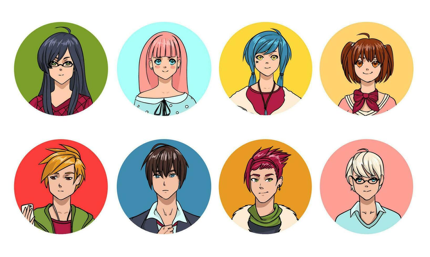 Set of cute anime characters avatar. Cartoon girls and boys portraits. Colorful hand drawn illustration collection. vector