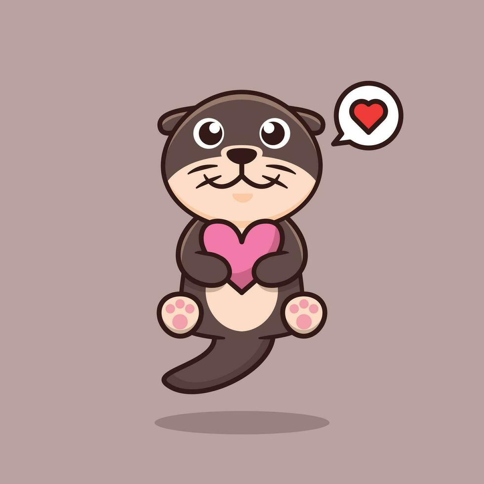 Cute Otter Holding Heart Cartoon Vector Illustration. Animal Nature Isolated. Flat Cartoon Style.