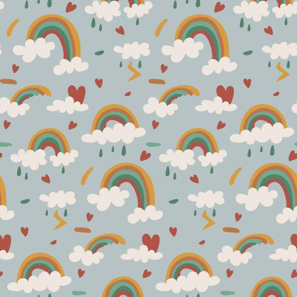 Pattern rainbow, cloud, rain, thunderstorm blue background. Rainbow seamless pattern, cartoon vector illustration. Children's texture for printing on fabric and paper. Gift packaging