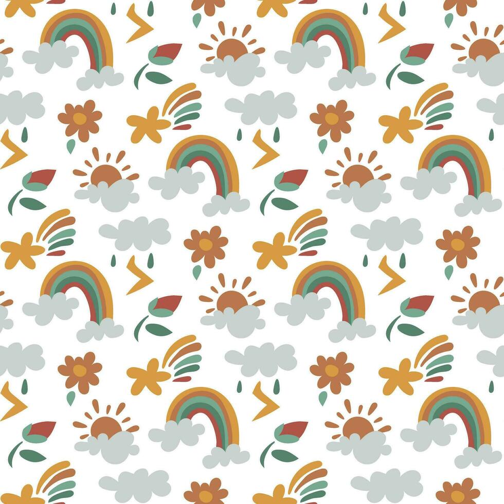 Pattern rainbow, cloud, rain, sun, flower, thunderstorm white background. Rainbow seamless pattern, cartoon vector illustration. Children's texture for printing on fabric and paper. Gift packaging