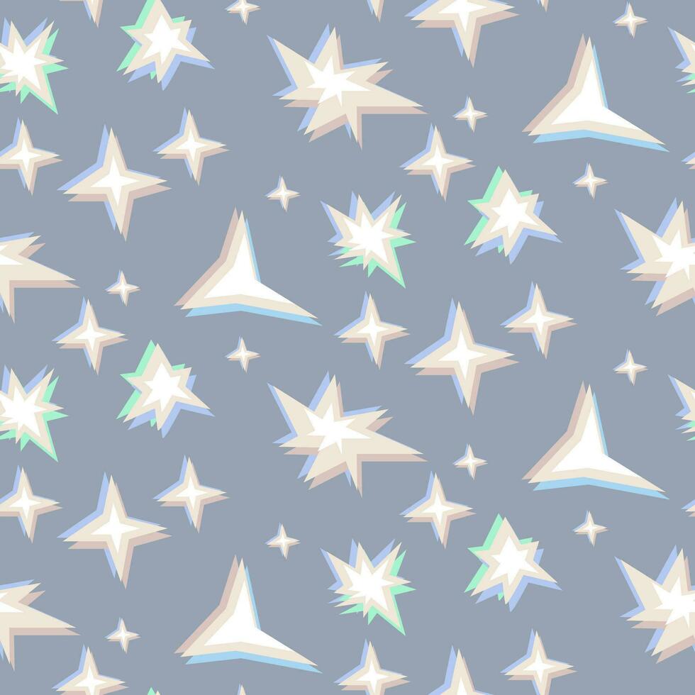 Seamless pattern in the form of mother-of-pearl stars. Bright sparks on the background of fireworks symbols. Twinkle decoration, glowing light effect, brilliant flash. Vector flicker, flashes, bursts