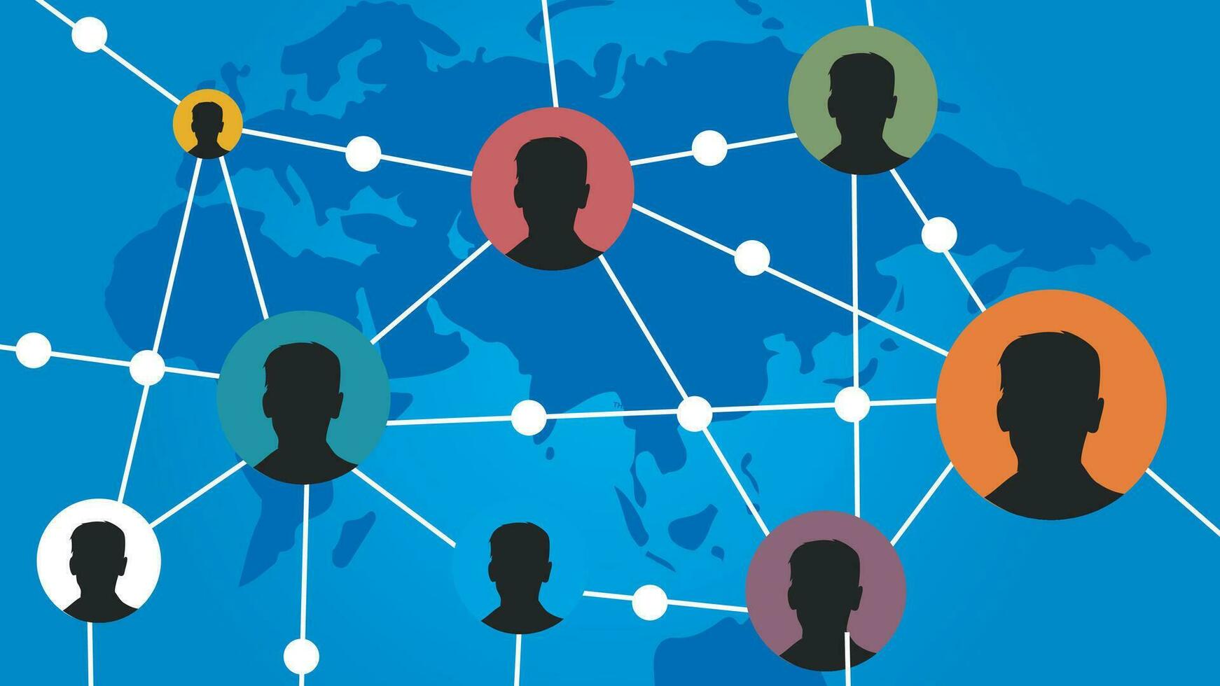 Social network illustration. The social contacts of people connected by nodes and lines on a world background. vector illustration