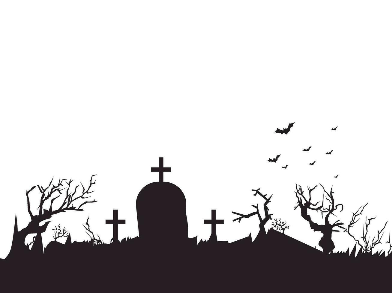 spooky cemetery silhouette with bats and trees, vector illustration