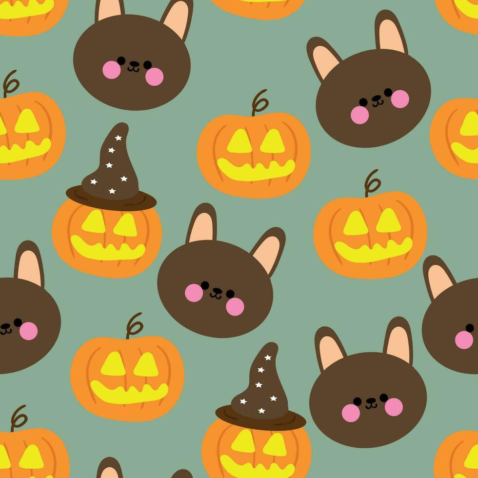 Halloween seamless pattern with cartoon pumpkin, rabbit, and halloween element. cute halloween wallpaper for holiday theme, gift wrap paper vector