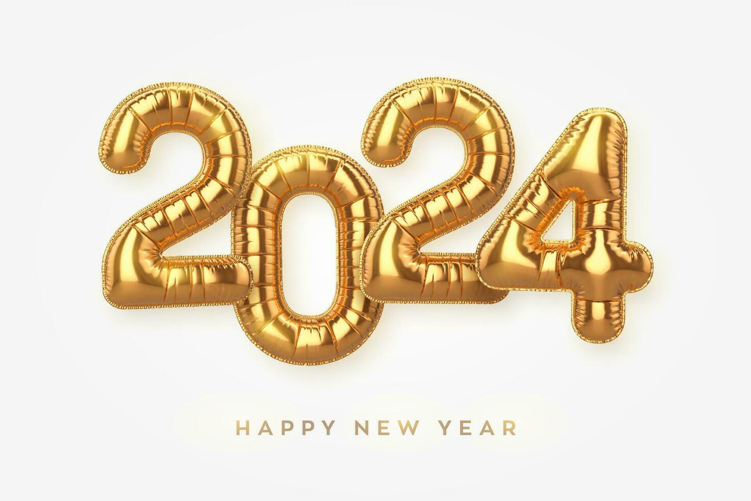 Happy New 2024 Year. Golden foil balloon numbers on white background. High detailed 3D realistic gold foil helium balloons. Merry Christmas and Happy New Year 2024 greeting card. Vector illustration.