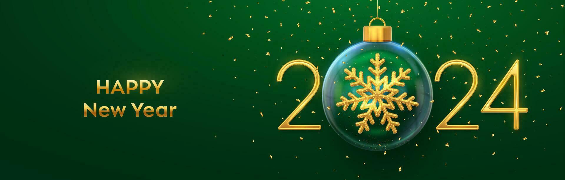 Happy New Year 2024. Golden metal 3D numbers 2024 with gold shining 3D snowflake in a Christmas glass bauble. Greeting card. Holiday Xmas and New Year poster, banner, flyer. Vector Illustration.