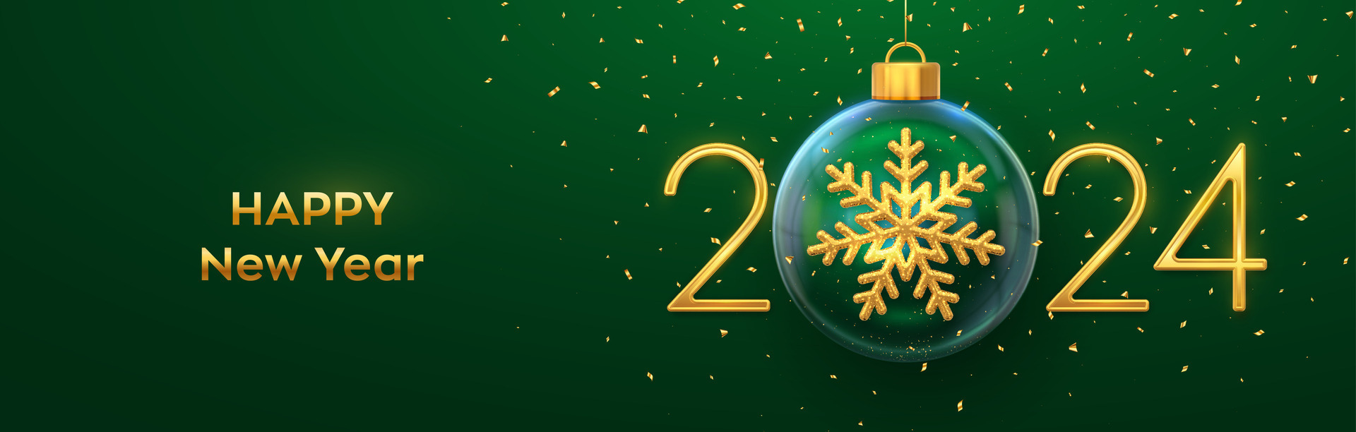 Happy New Year 2024. Golden metal 3D numbers 2024 with gold shining 3D