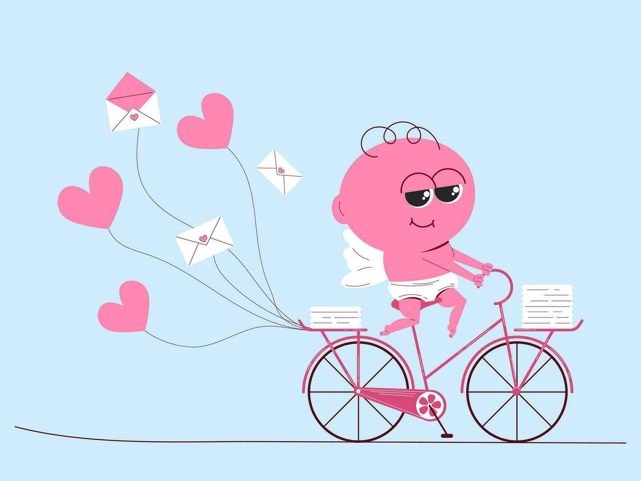 linda Cupido en un bicicleta entrega san valentin alegre ángel personaje en plano estilo. vector retro ilustración.