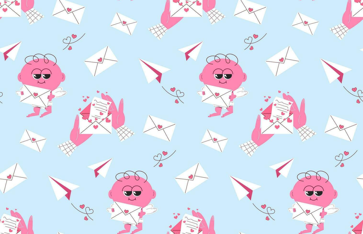 Seamless background for Valentine's Day. Cute cupid character and love letters, valentines, hearts. Vector pattern in a flat style. Retro, vintage.
