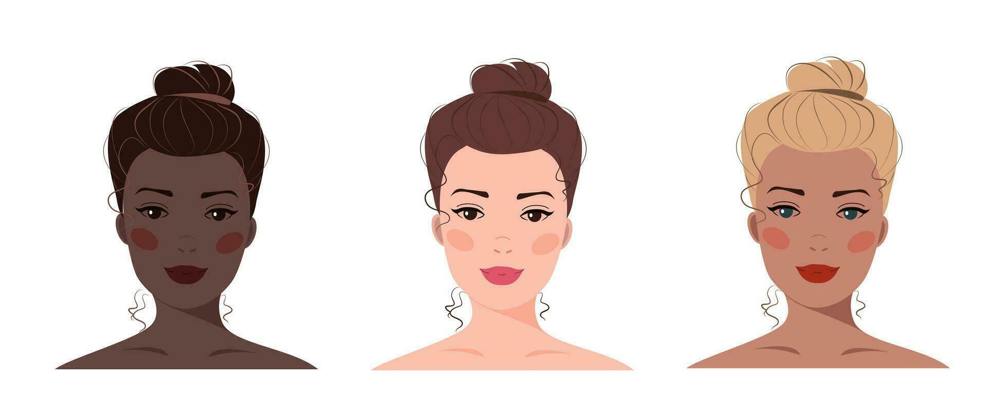 Vector illustration of women faces with a hair bun with different skin and hair colors. Avatar for a social network. Vector flat illustration, web, design, beauty, make up and social media.