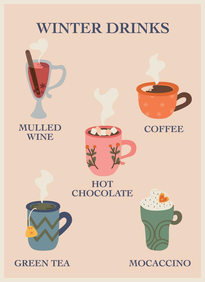 cute set of winter drinks vector