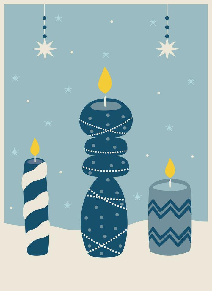 winter greeting card with a Christmas candles in blue tones with text vector