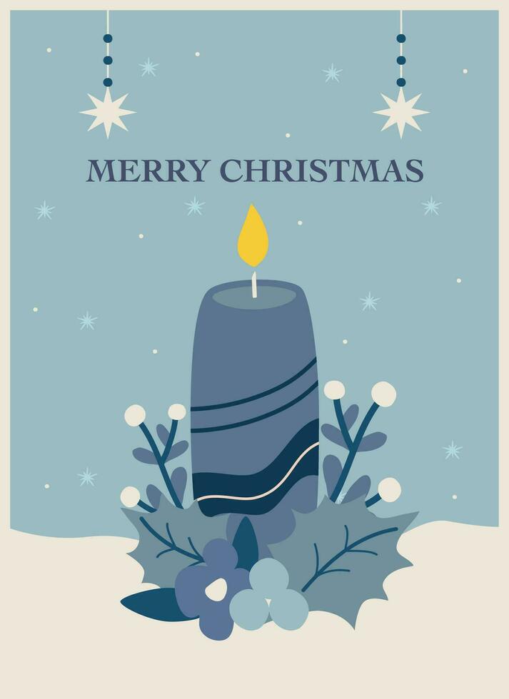 winter greeting card with a Christmas candle in blue tones with text vector