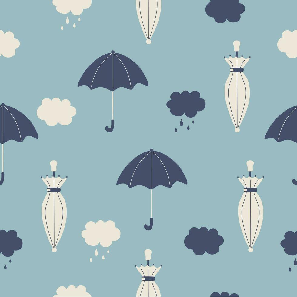 cute pattern of umbrellas and cloudes in blue tones vector illustration