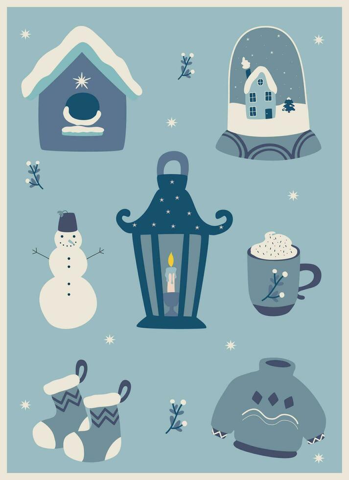 winter set with Christmas attributes in blue tones vector