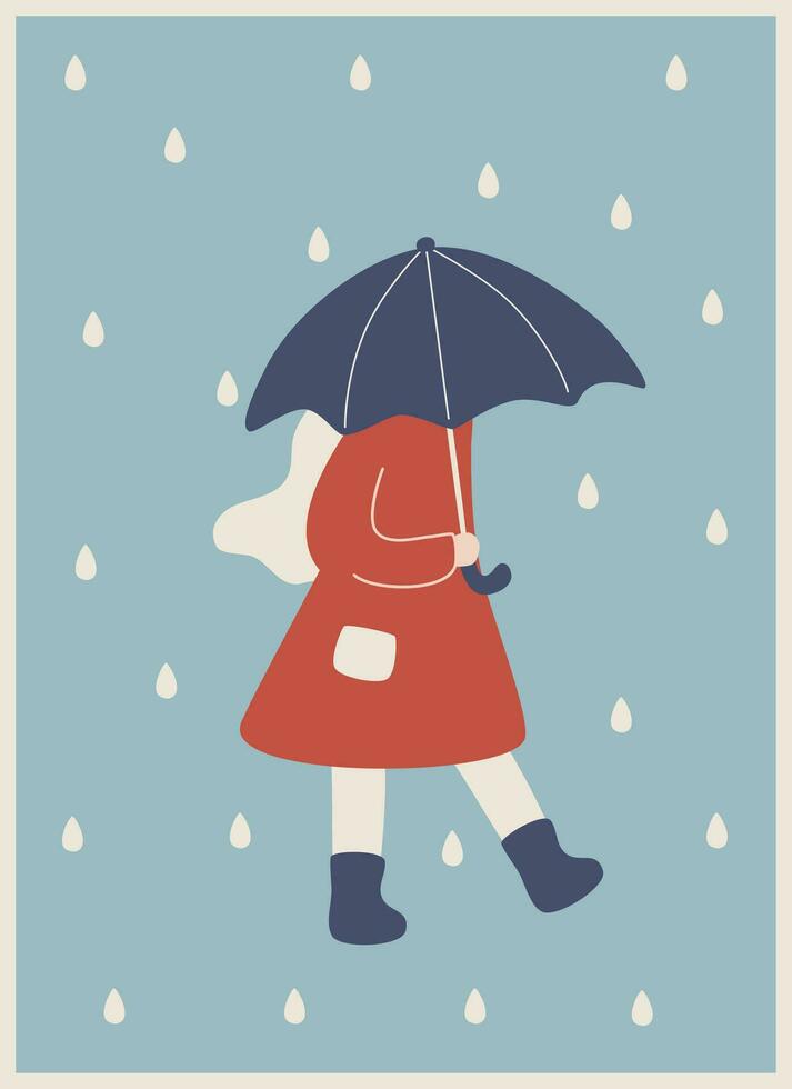 niña en un rojo Saco se esconde debajo un paraguas desde el lluvia vector ilustracion