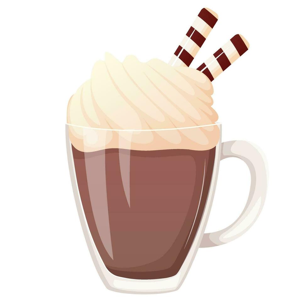 Glass cup of coffee, cocoa decorated with waffle and whipped cream vector