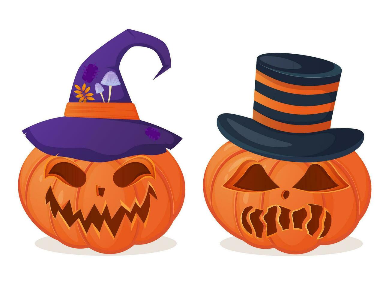 Halloween jack o lantern in witch and cylinder hat vector