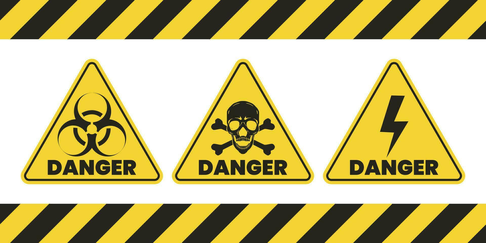 Set of danger yellow vector signs. Radiation signs, electrical signs, toxic signs.