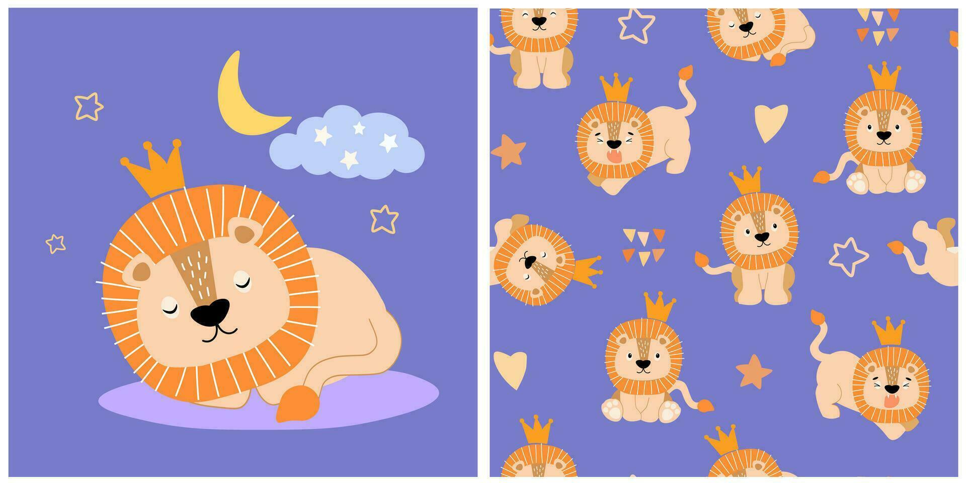 Childish pattern with a cute sleeping lion cub in a crown, seamless pattern. For children's clothing, fabrics, wallpapers, wrapping paper, textiles, T-shirt prints. Hand drawn vector graphics