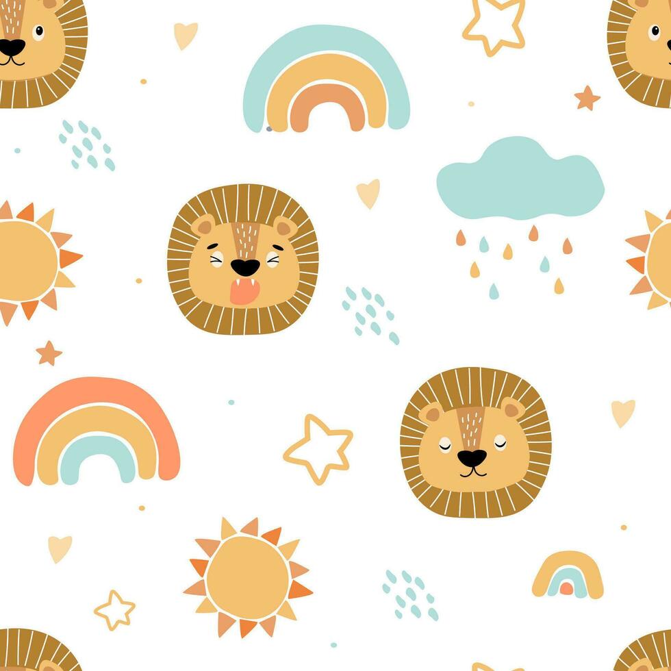 Seamless pattern with childish simple pattern with lions, rainbow, sun, starry sky with clouds. Vector graphics.