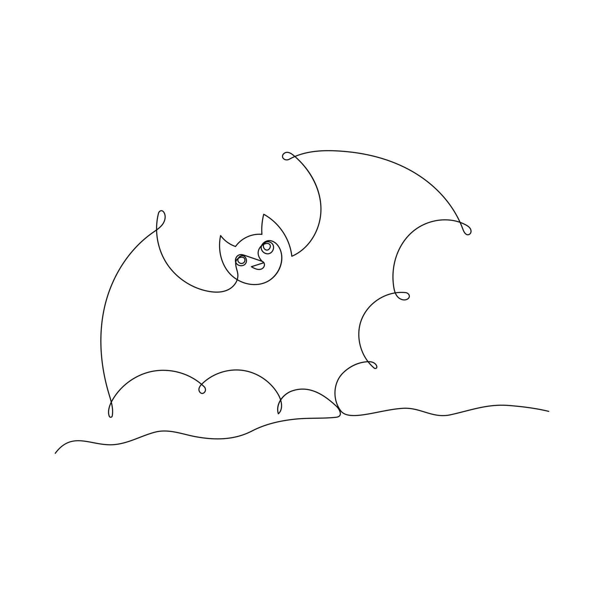 Continuous one line drawing of bat animals flying outline vector