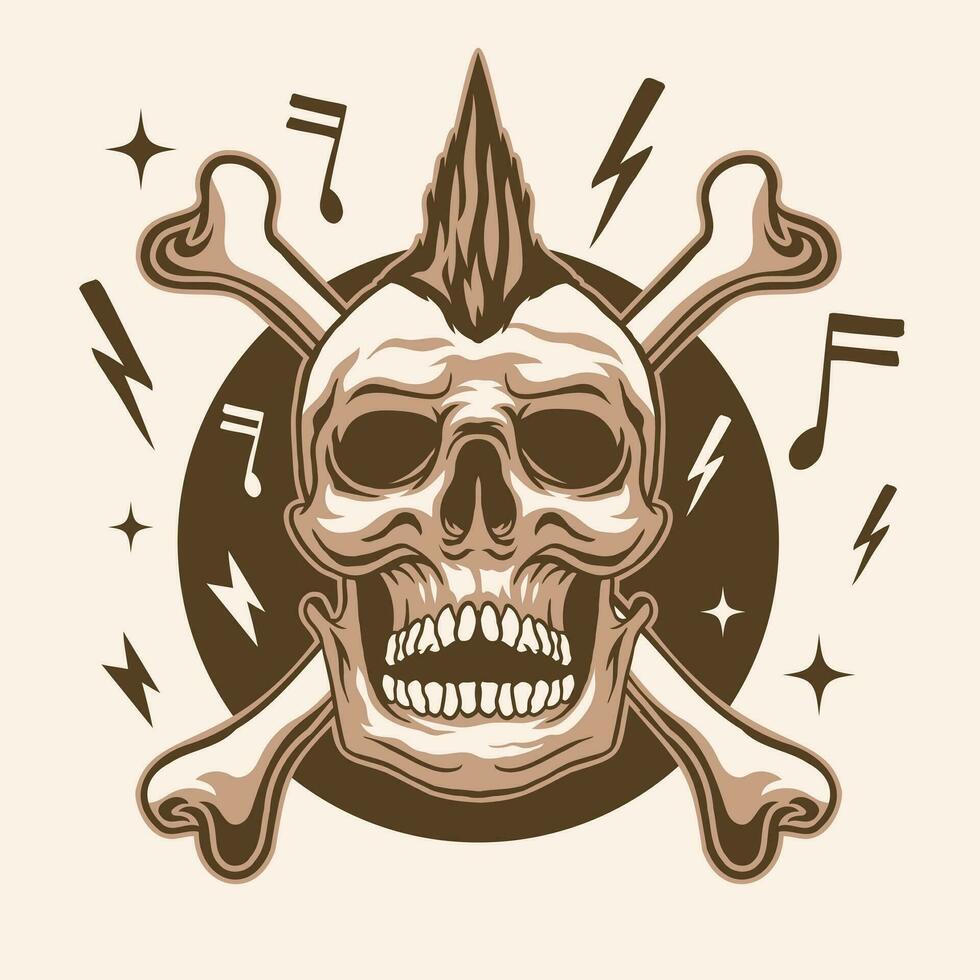 Skull punk rock illustration in monocrhome style vector