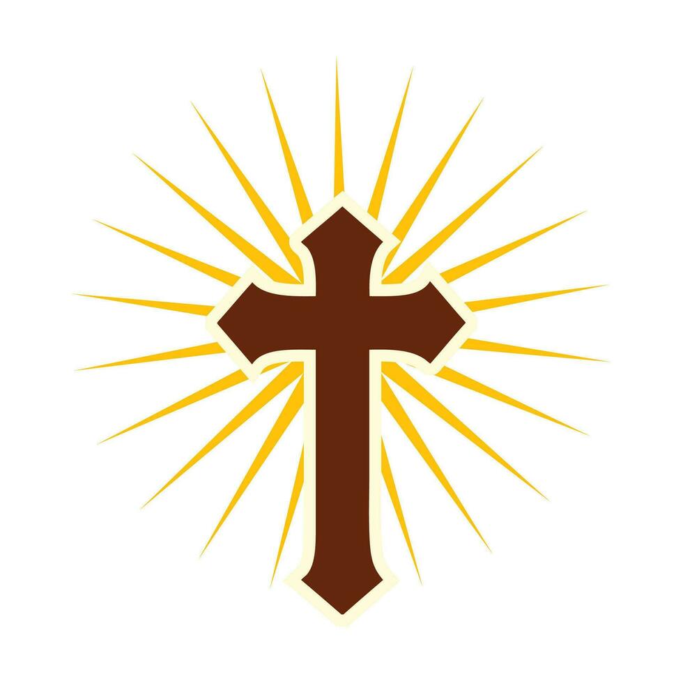 Christian Holy Cross With Sun Rays Icon. Cross Starburst Circle Retro Vintage Religion Symbol vector