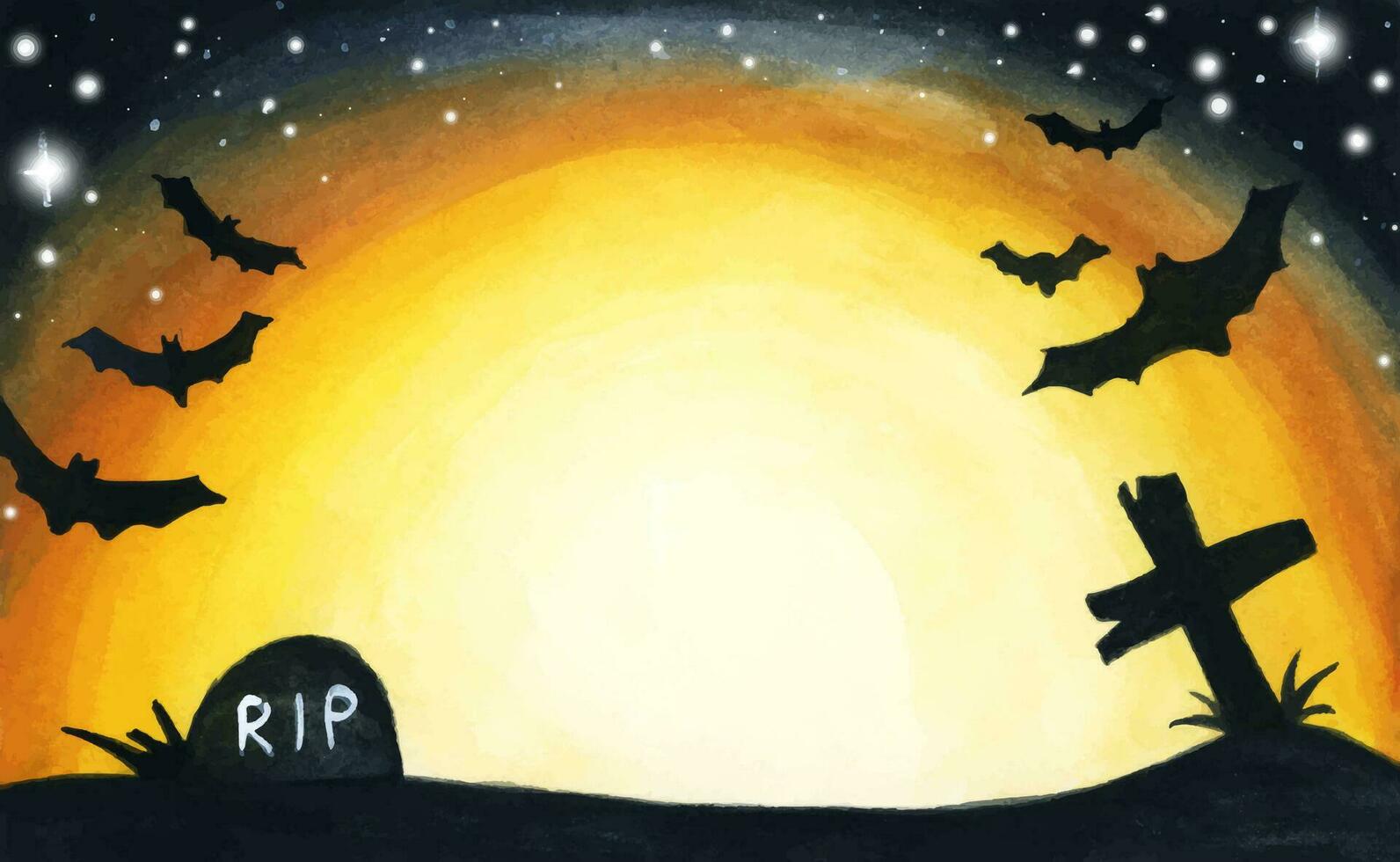 Watercolor painting of graveyard silhouette Halloween abstract Background vector